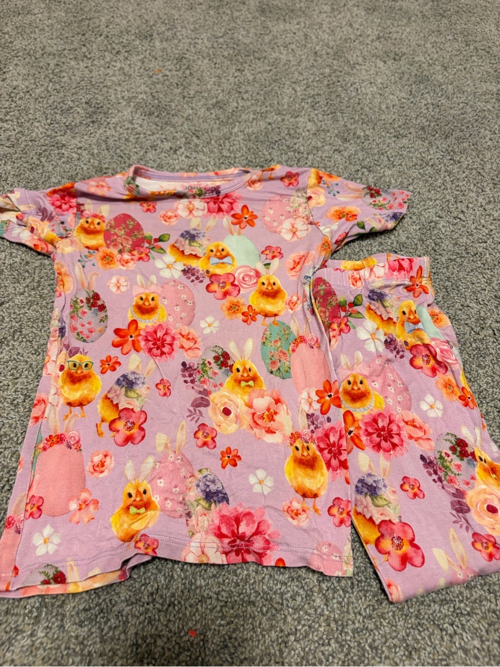 Posh Peanut Pink Floral Bunny Pajama Set with Yellow Chicks